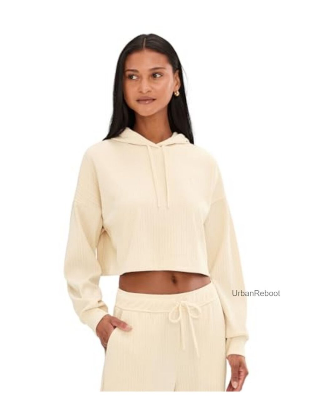 Ribbed Cropped Hoodie Relaxed Fit Long Sleeve Pullover